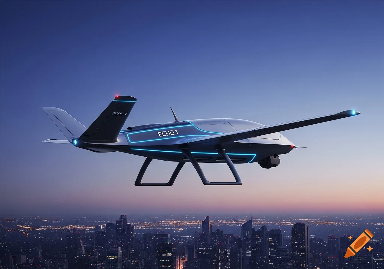 Futuristic dark grey drone with blue neon outlines flying over a brightly lit city at dusk, labeled 'ECHO 1'.