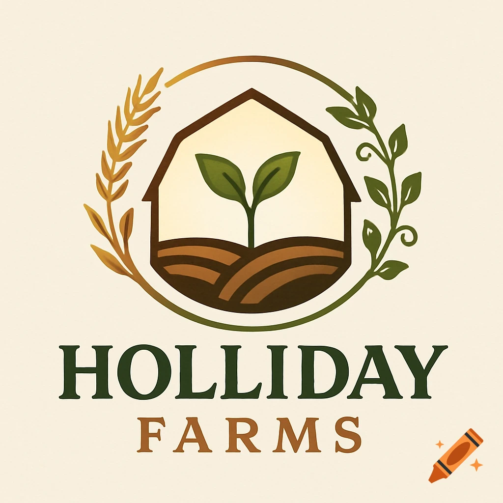 A farm logo featuring a barn with a sprouting plant, encircled by wheat and leafy branches, and the text Holliday Farms.