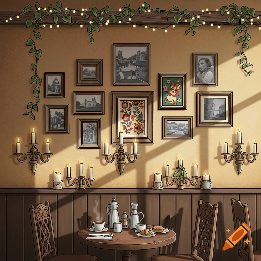 Cozy illustrated cafe interior with a wall full of framed artwork, glowing candles, ivy, and a wooden table set with coffee and pastries.