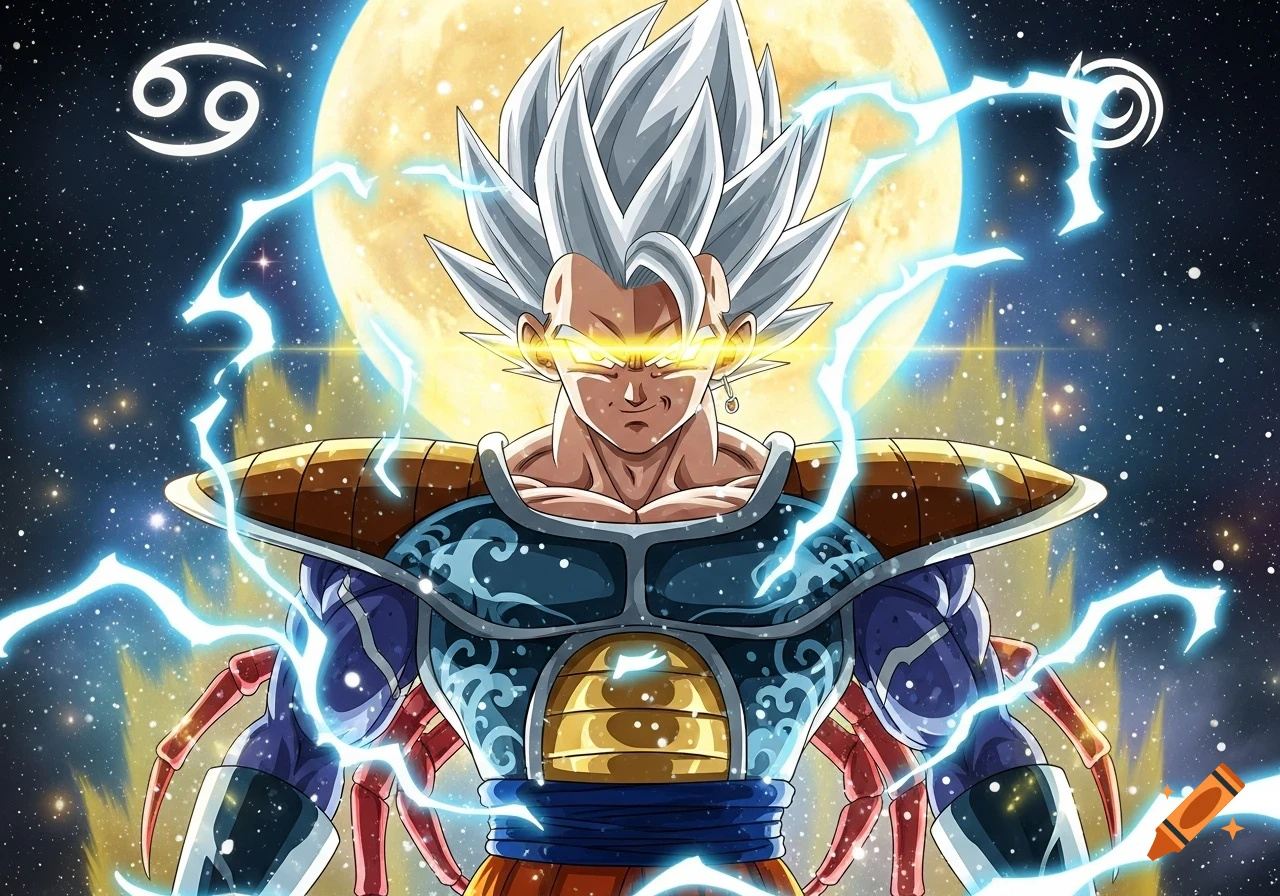 A powerful Super Saiyan character with white spiky hair, glowing golden eyes, and armored with crab-like elements, surrounded by blue lightning against a full moon and starry night sky. The Cancer zodiac symbol is in the upper left.