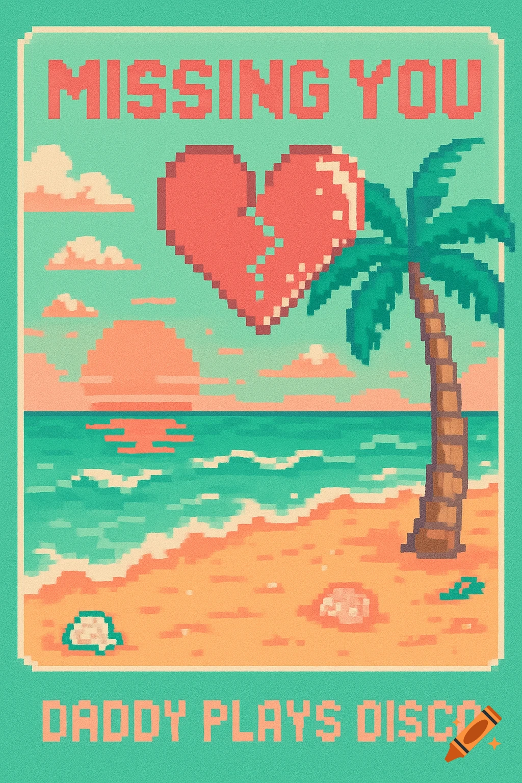 Pixel art album cover with a broken heart, a beach, sunset, palm tree, and the text 'MISSING YOU' and 'DADDY PLAYS DISCO'.