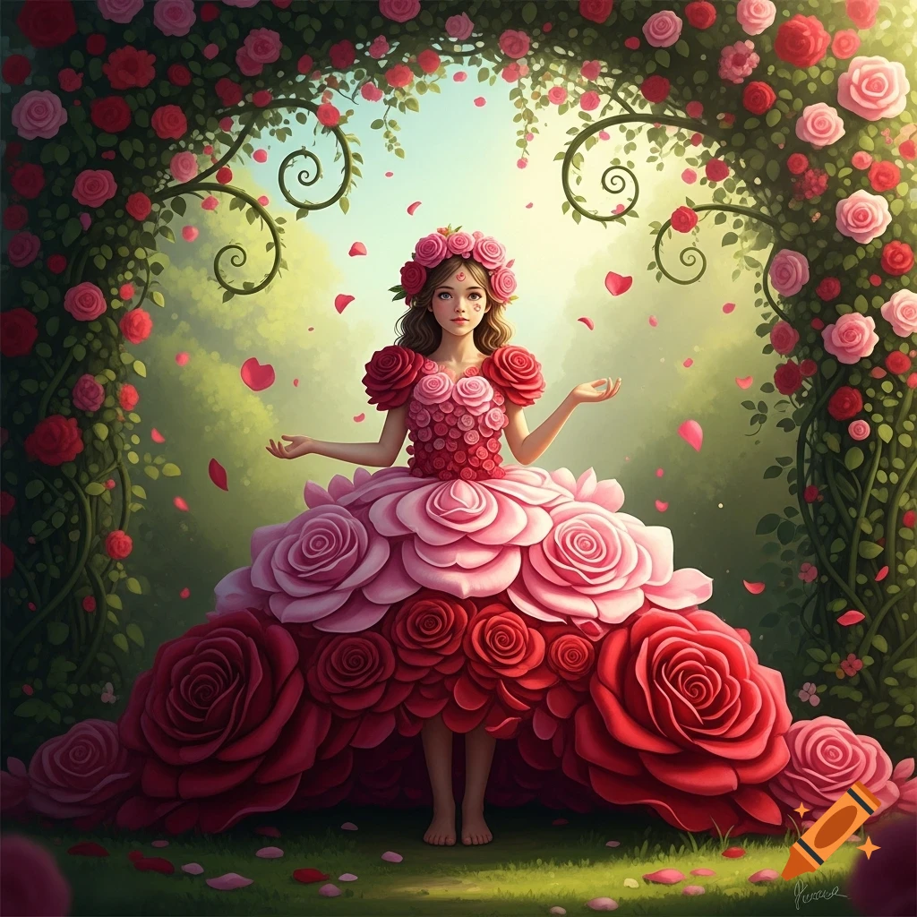 A young girl in a voluminous dress made of pink and red roses stands ...