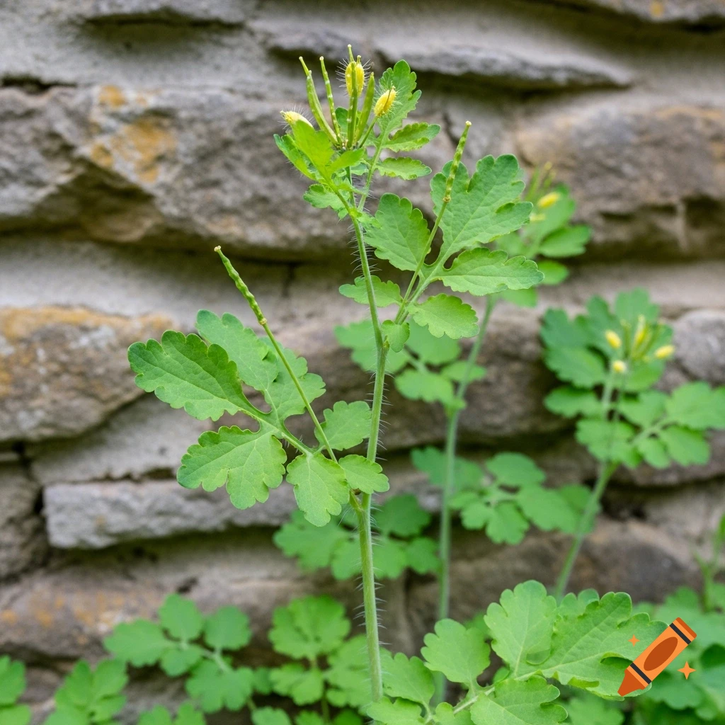 Photorealistic close-up of a green greater celandine plant with yellow buds against a weathered stone wall.
