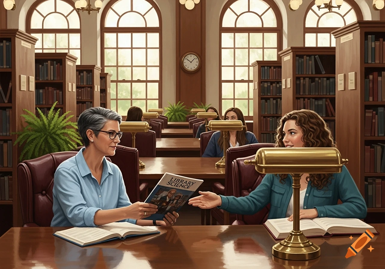 Two women exchange a 'LIBRARY SCIENCE' journal across a polished wooden table in a well-lit library study area. Painterly style.