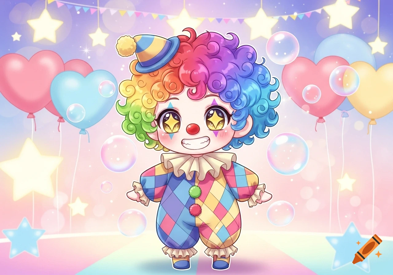 A cute chibi clown with rainbow hair, a colorful harlequin outfit, and a party hat, smiling in a pastel setting with balloons, stars, and bubbles.