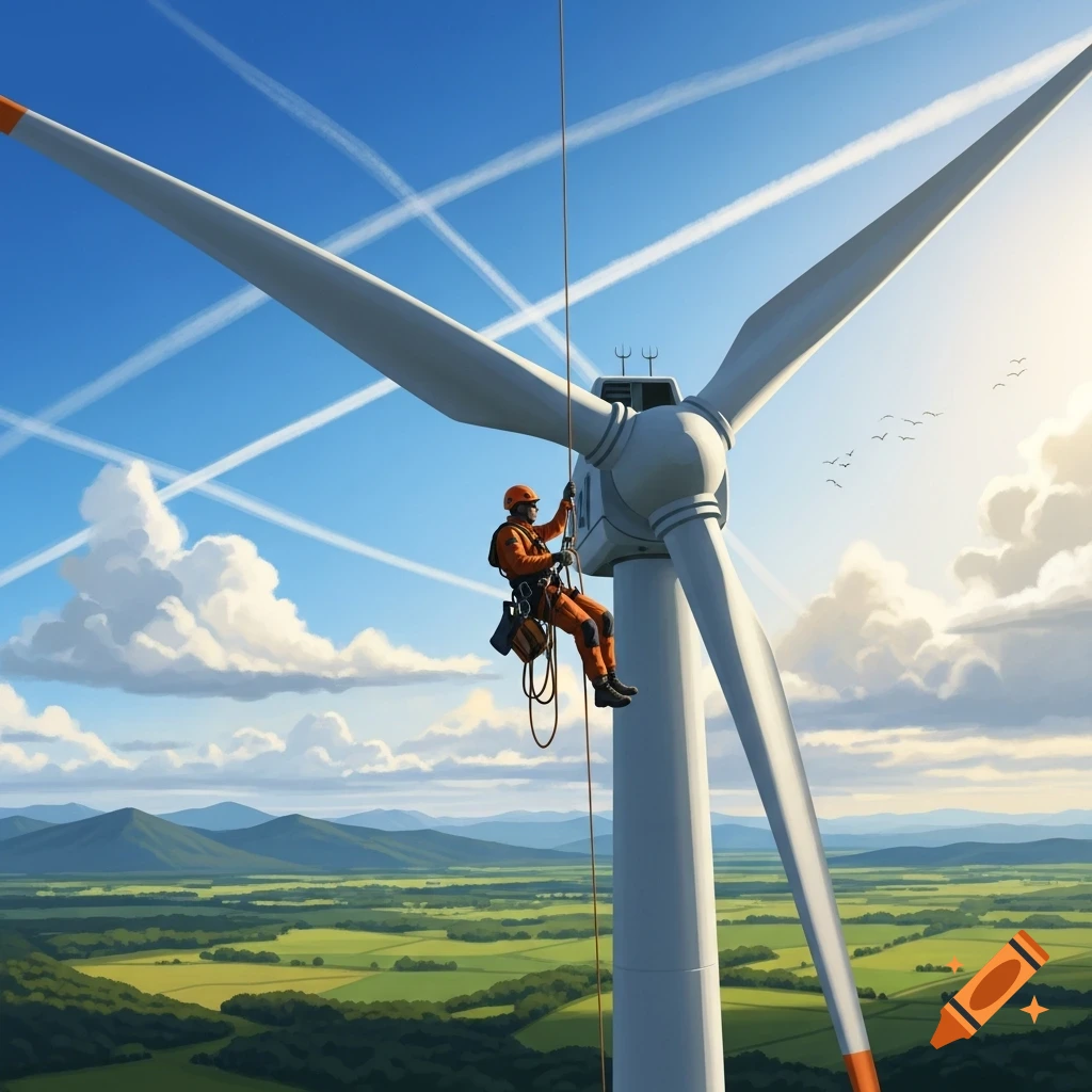 A wind turbine technician hangs from a blade above a green landscape, with a blue sky and white clouds.