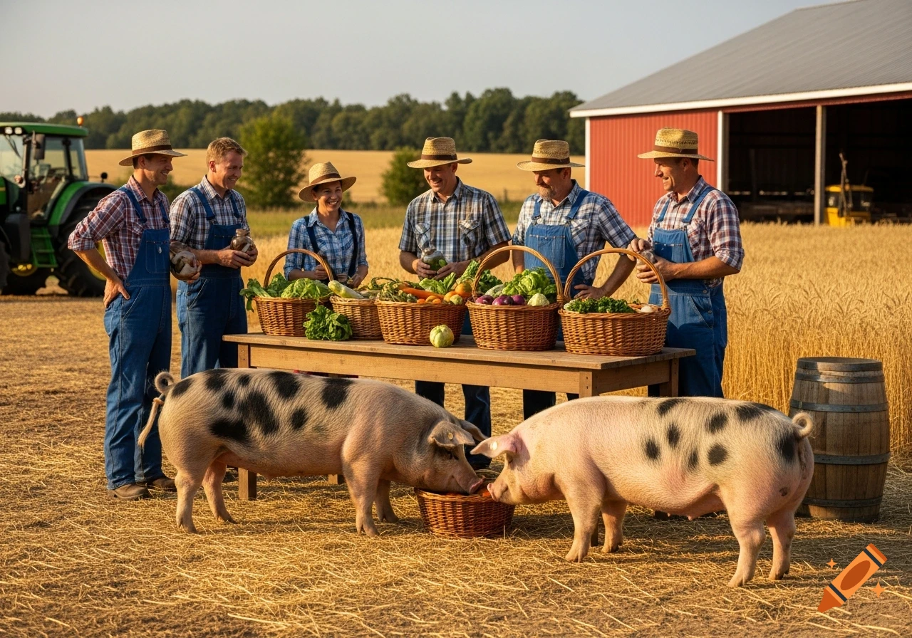 Farmers in straw hats and overalls stand behind baskets of vegetables, watching two spotted pigs near a small basket on a rural farm with a red barn.