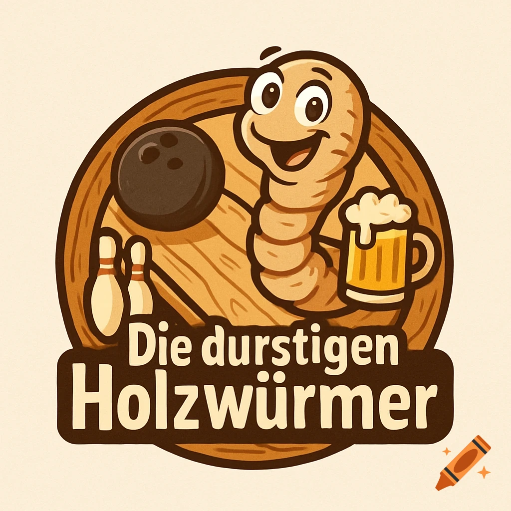 A cartoon logo with a woodworm, beer, bowling pins, and the text "Die durstigen Holzwürmer" on a wooden background.