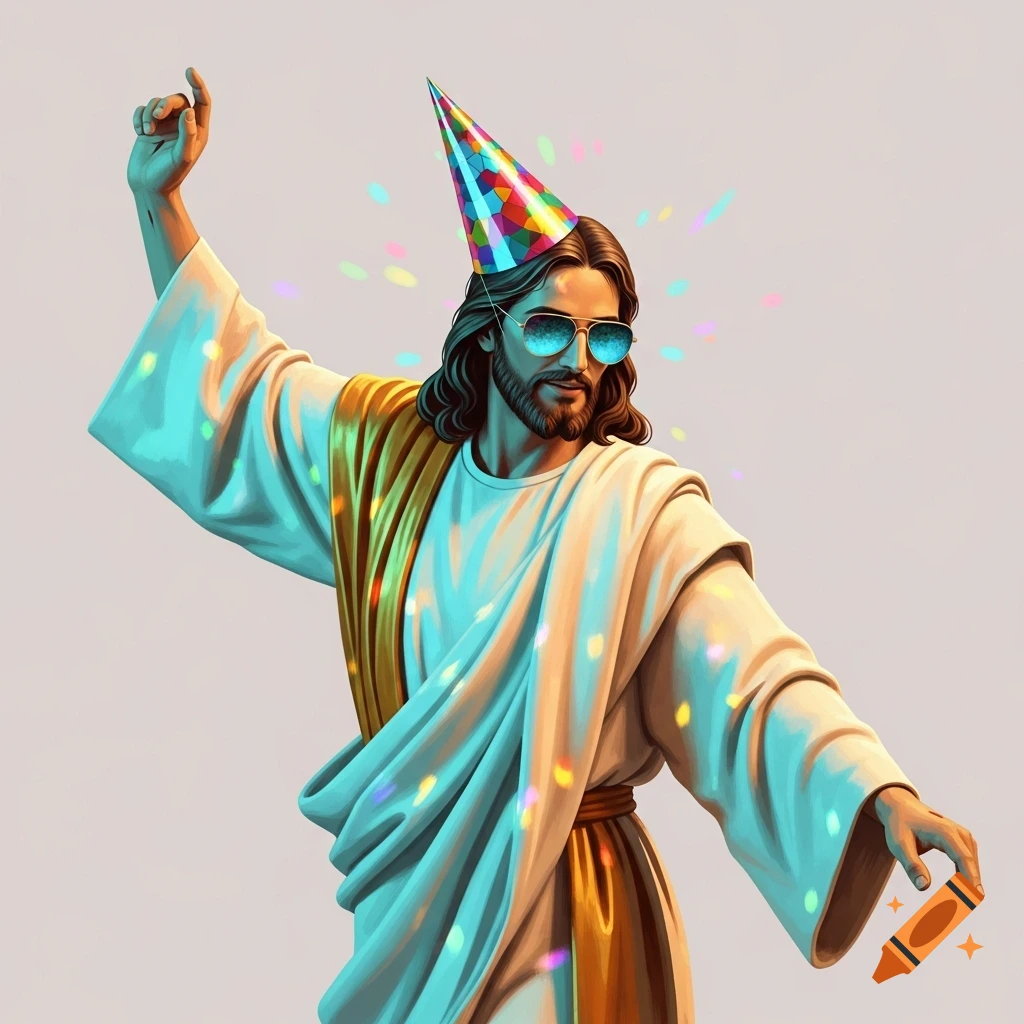 A depiction of Jesus wearing a colorful party hat and sunglasses, dancing under disco lights in a modern art style.