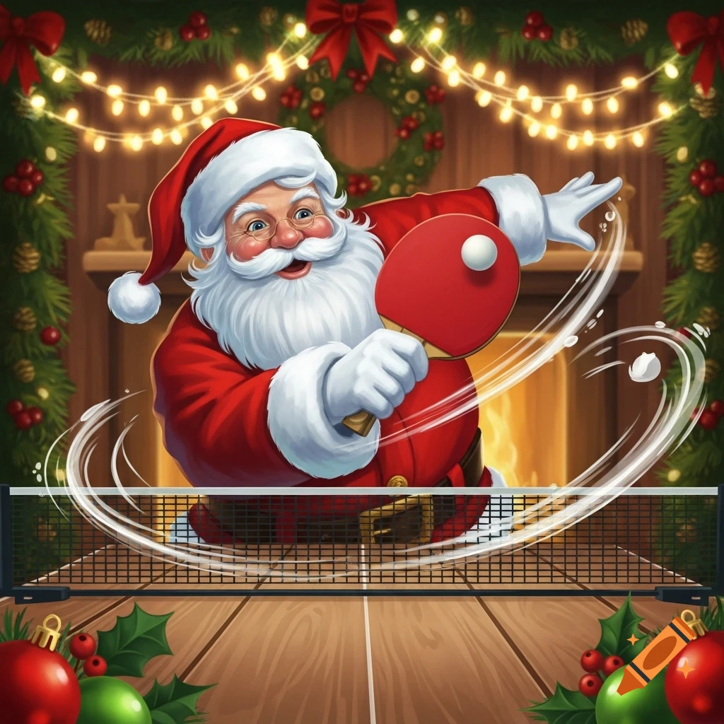 Smiling Santa Claus in a festive room plays ping-pong, hitting a ball over the net, surrounded by Christmas decorations.