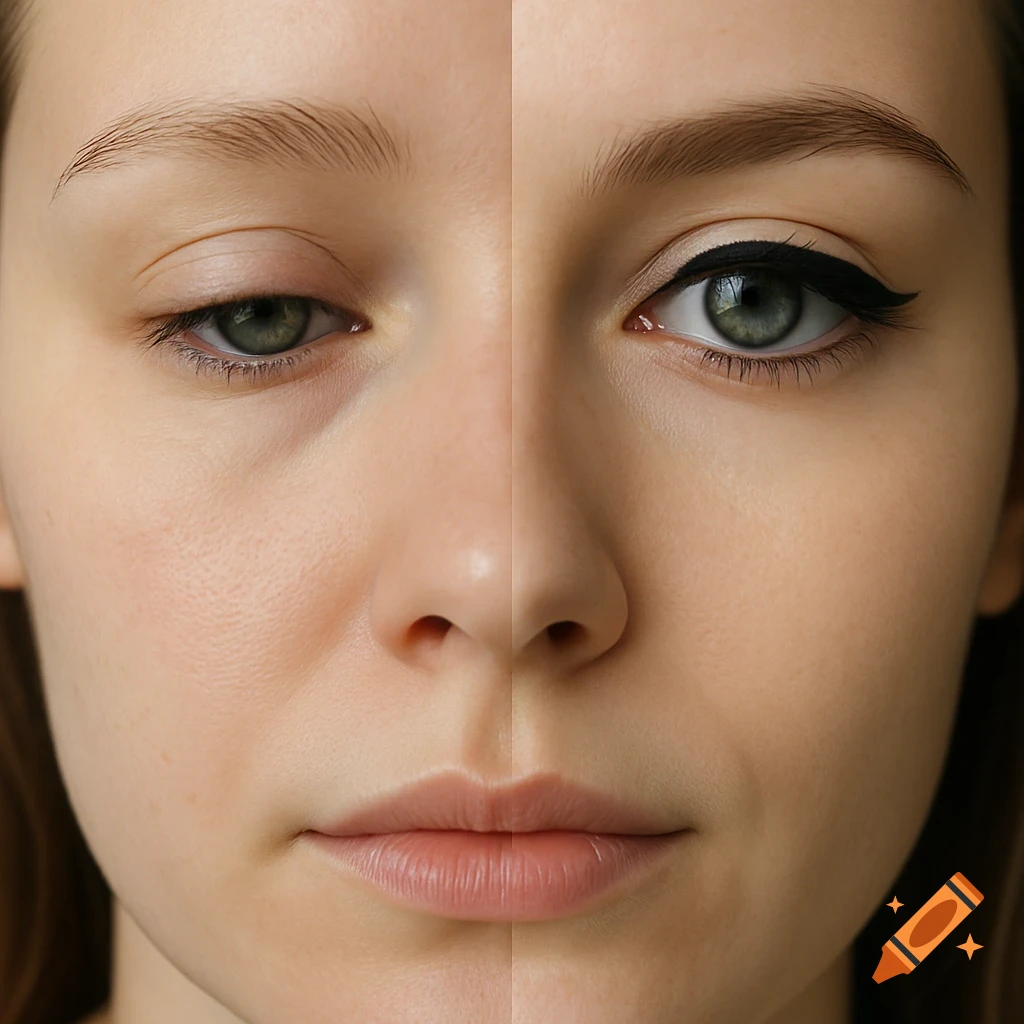 Photorealistic split portrait of a woman's face, showing one eye without makeup and the other with perfect black winged eyeliner.