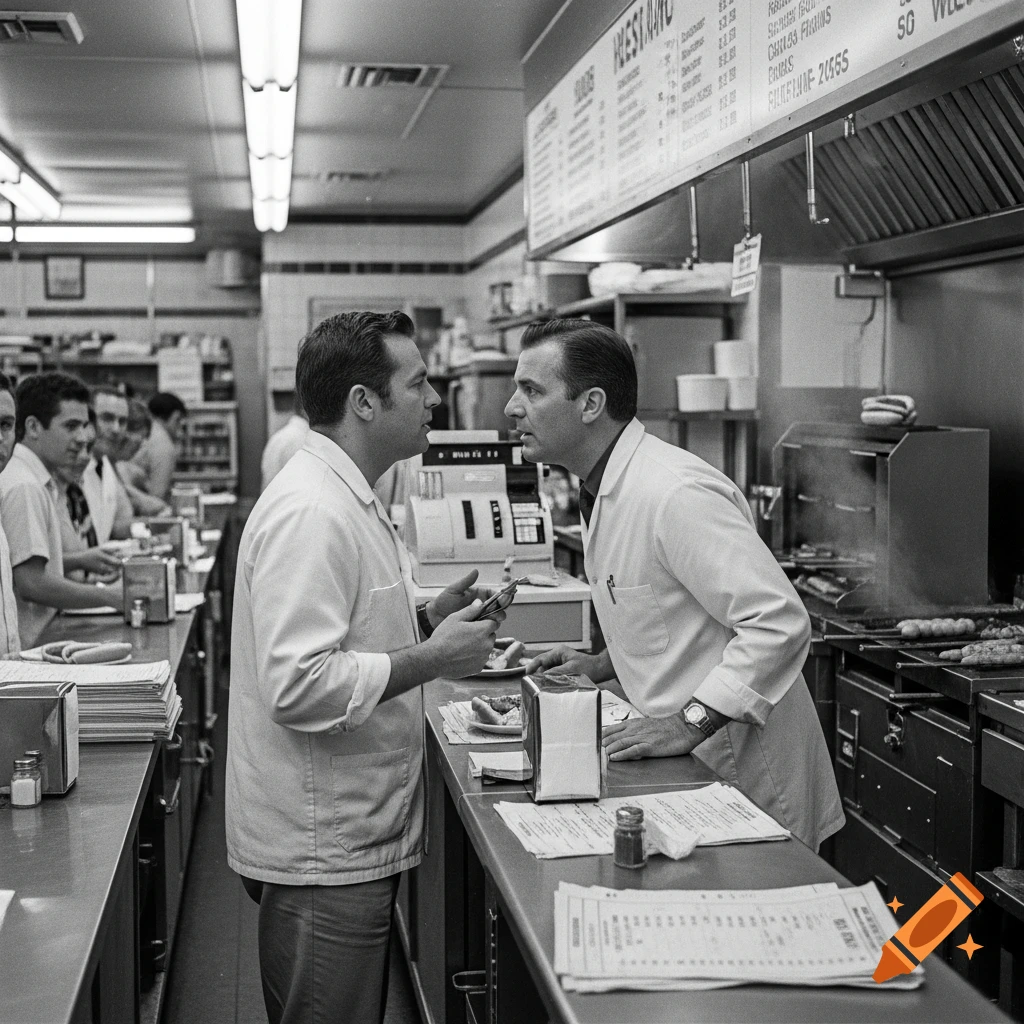 Black and white candid photo of two men in chef coats talking across a counter in a busy hot dog stand.