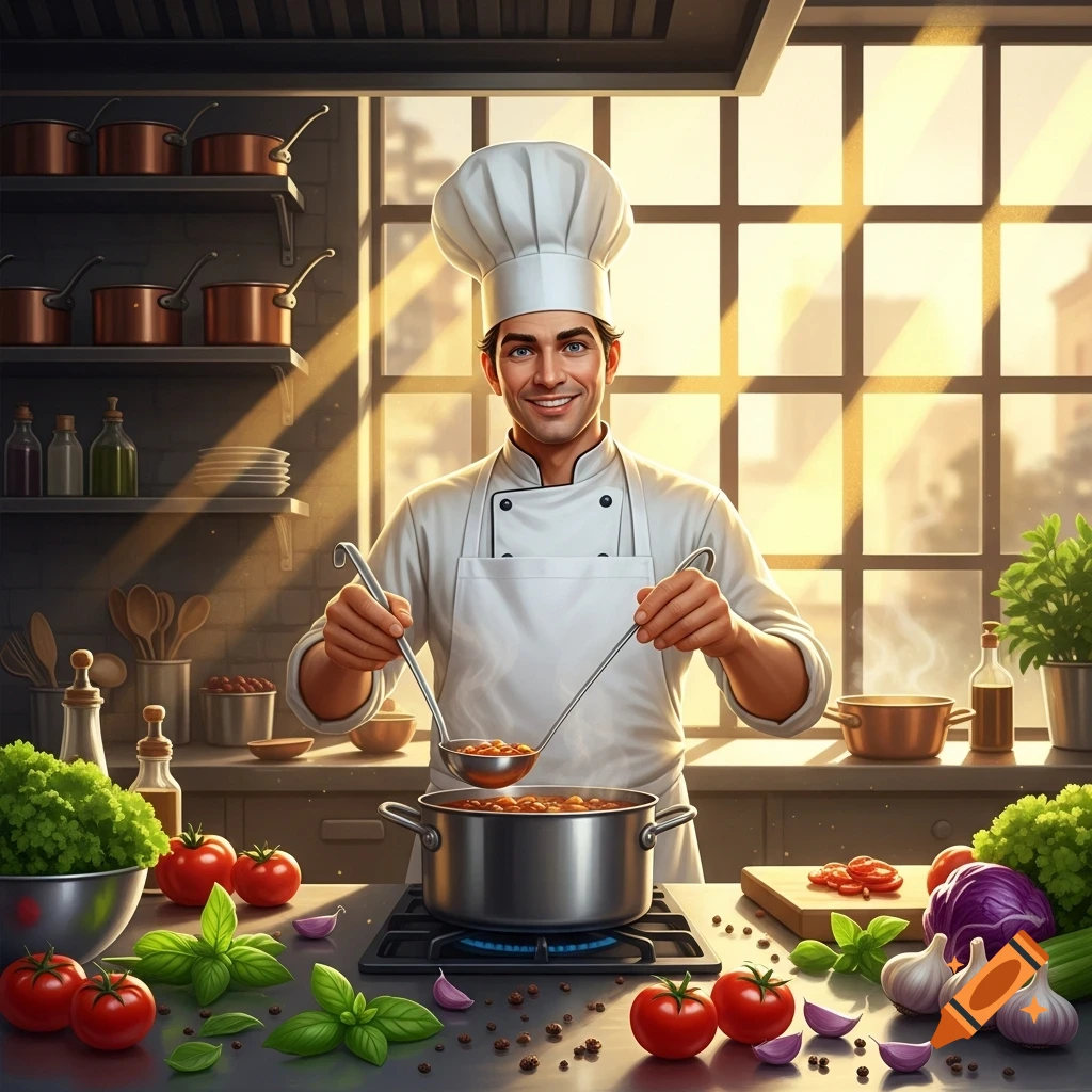 A smiling male chef in a white uniform and hat ladles food from a pot in a sunlit kitchen filled with fresh ingredients.