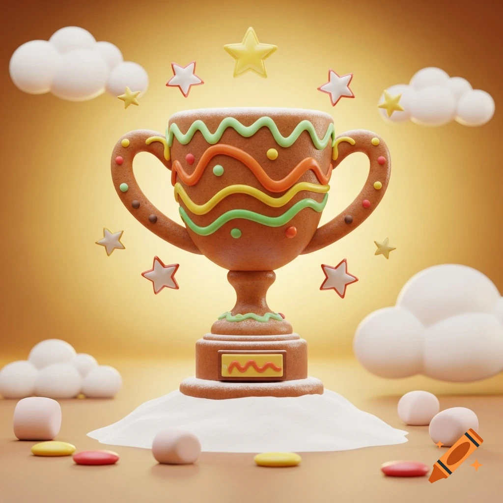 A whimsical 3D cartoon gingerbread trophy decorated with colorful icing, surrounded by stars, clouds, marshmallows, and candy.