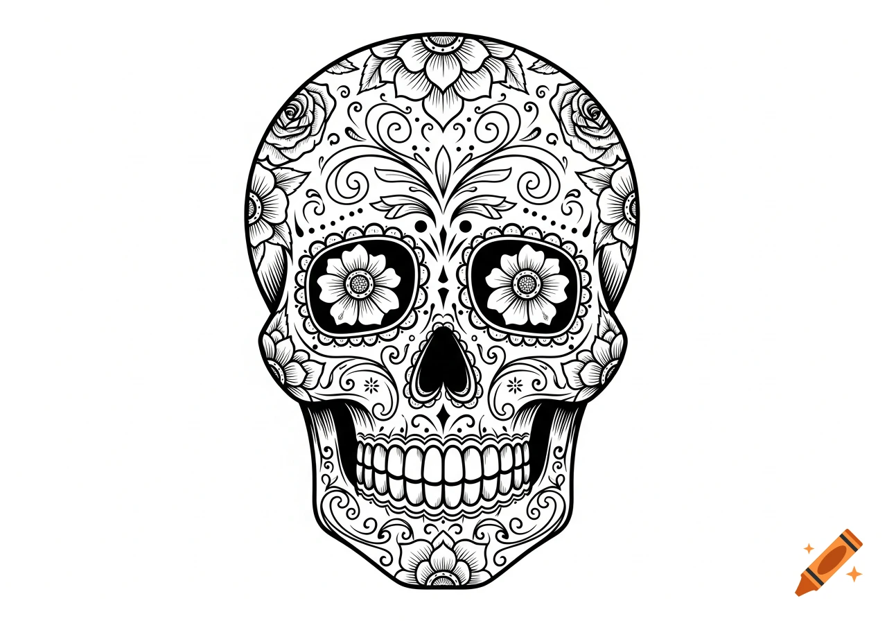 Black and white illustration of an ornate Mexican Día de los Muertos sugar skull with symmetrical floral patterns and filigree details.