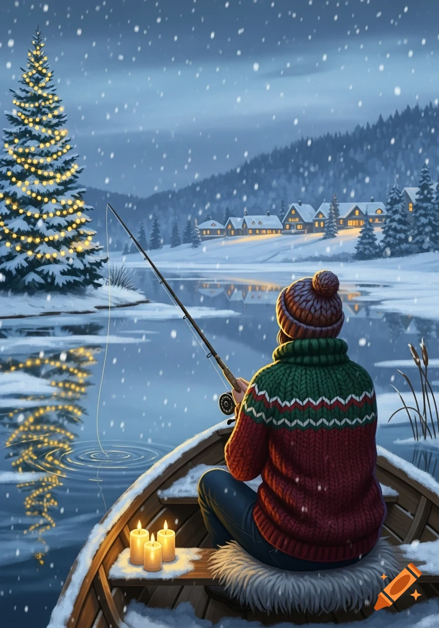 A person in a boat fishes on a snowy winter lake at night, with a decorated Christmas tree and glowing houses in the background. Lit candles are in the boat.