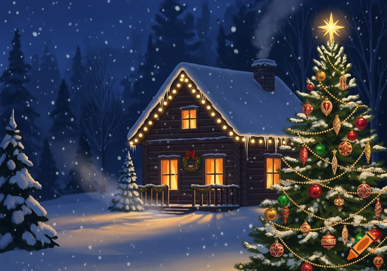 A cozy log cabin decorated with Christmas lights and a large, star-topped Christmas tree in a snowy winter forest at night.