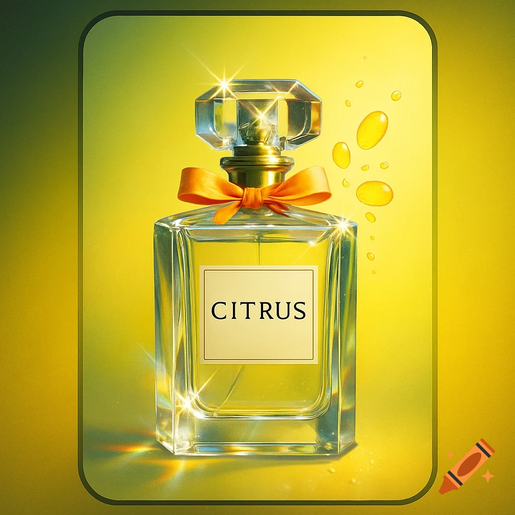 A glass perfume bottle with an orange bow and 'CITRUS' label on a yellow-green background with droplets.