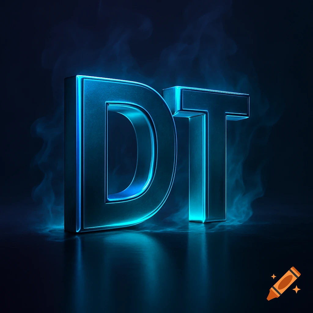 Glowing blue 3D letters "DT" rising from a smoky surface against a dark background, reflecting on the ground.