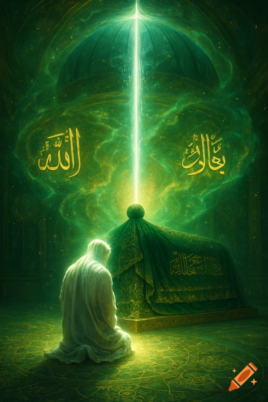 A robed figure kneels in a glowing green and gold spiritual realm, with Arabic calligraphy "Allah" and "Ya Qadir" floating in the air, and a light beam descending from above.