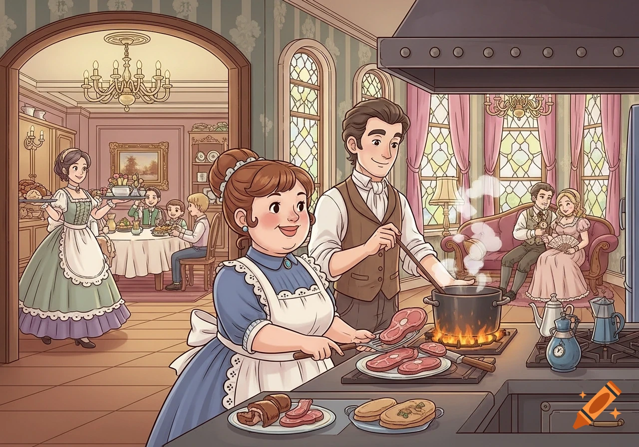Cartoon illustration of a bustling Victorian home kitchen. A couple cooks in the foreground, while a maid serves dinner and another couple relaxes in the background.