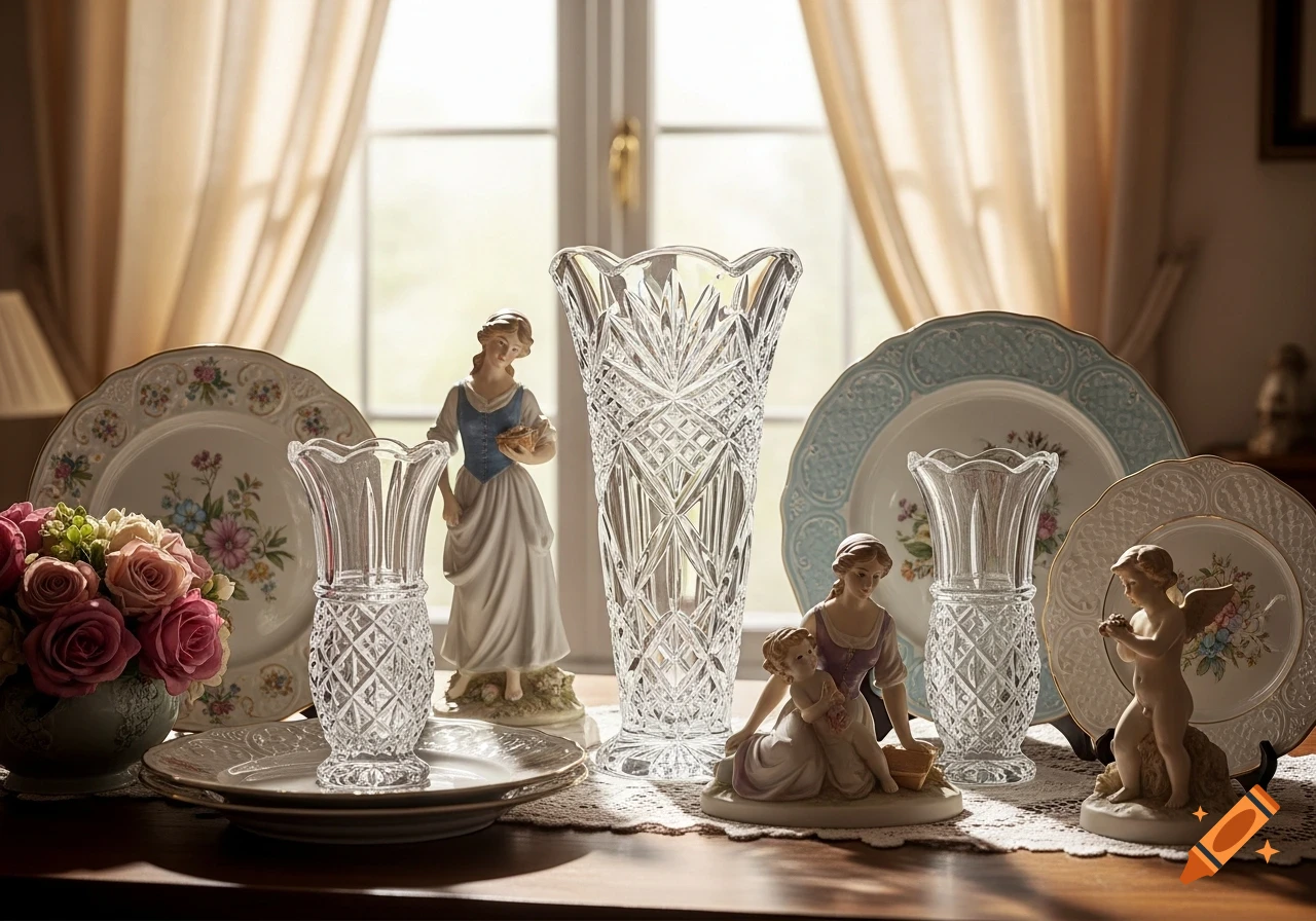 A still life arrangement featuring crystal vases, floral porcelain plates, and delicate porcelain figurines of shepherdesses and a cherub, set against a window background.