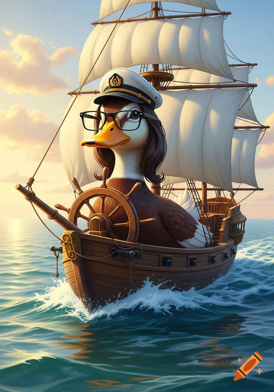 A cartoon duck captain with glasses and brown hair steers a sailing ship through blue ocean waves at sunset.