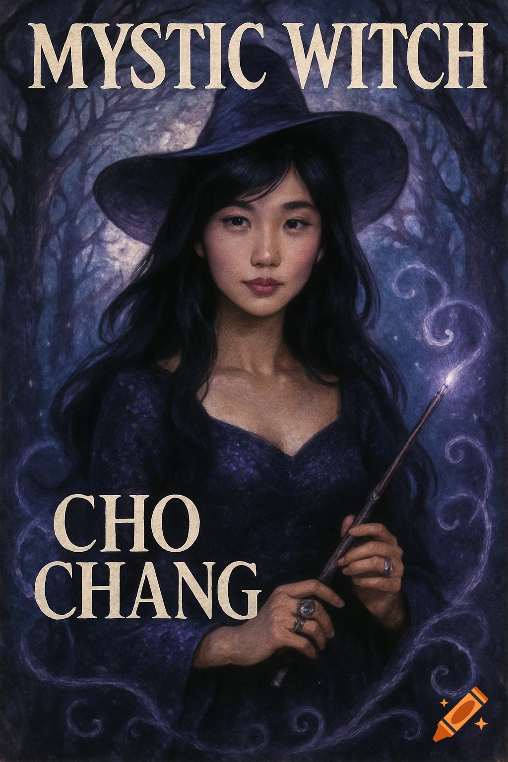A young Asian woman in a witch hat and purple dress holds a glowing wand against a mystical forest, with 'MYSTIC WITCH' and 'CHO CHANG' text.