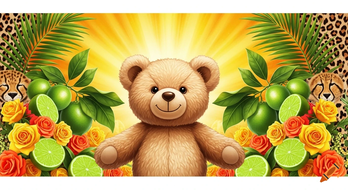 Smiling teddy bear in the center, surrounded by limes, green leaves, palm fronds, orange and yellow roses, with cheetah patterns on a bright yellow-orange background.