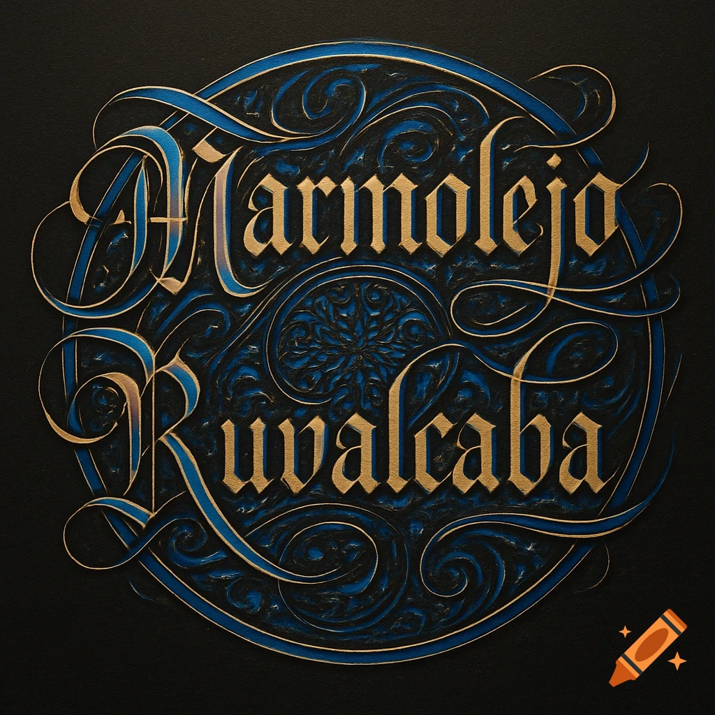 Ornate circular calligraphy in gold and blue on a dark background, with names 'Marmolejo' and 'Ruvalcaba' in old English script.