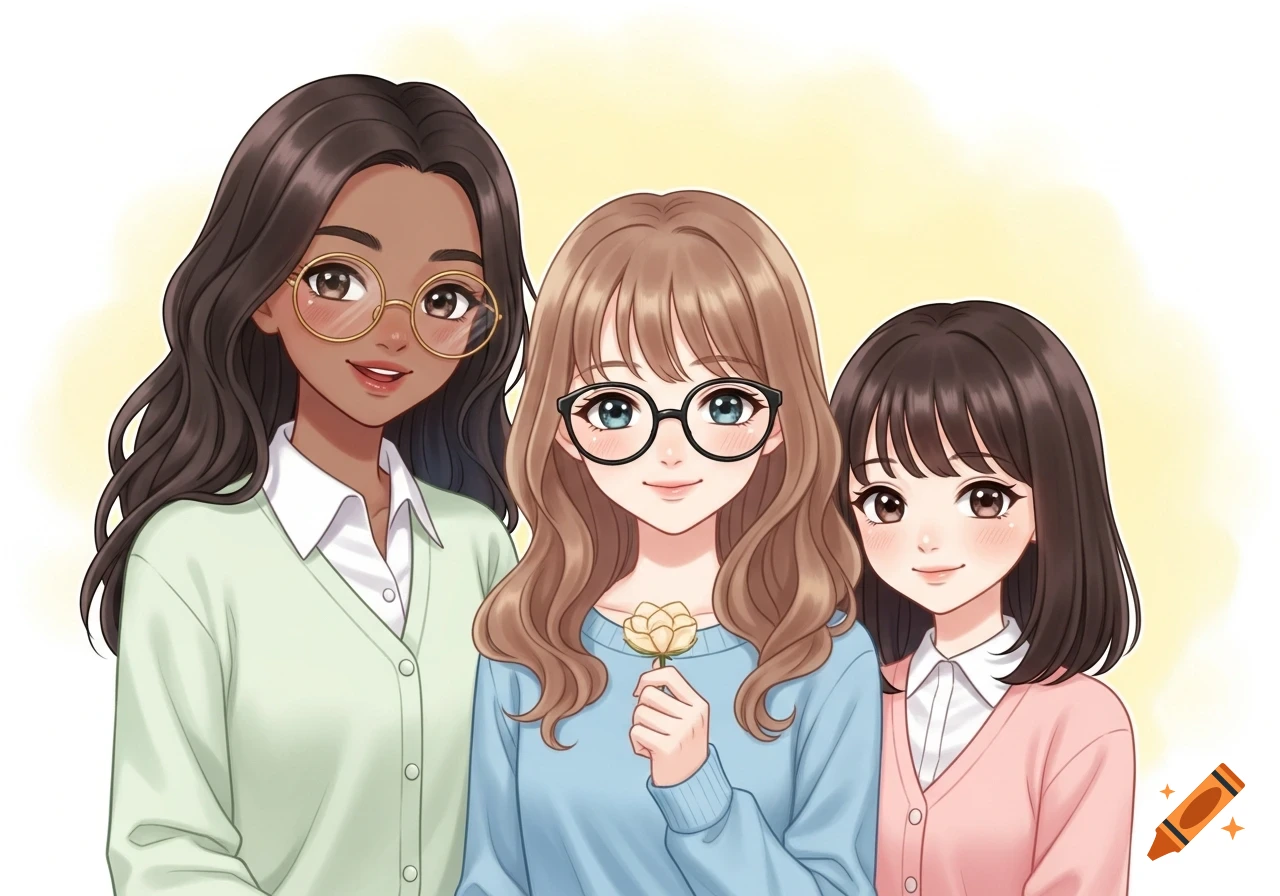 Three diverse anime-style girls in pastel cardigans, one holding a flower, against a light background.