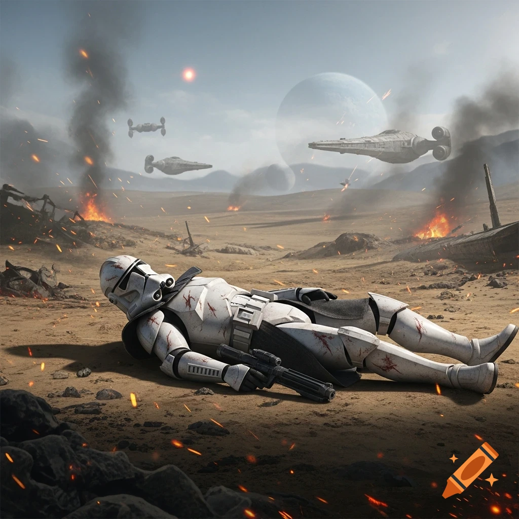 A fallen Star Wars clone trooper lies on a battle-scarred desert planet with explosions, smoke, and spaceships in the sky.