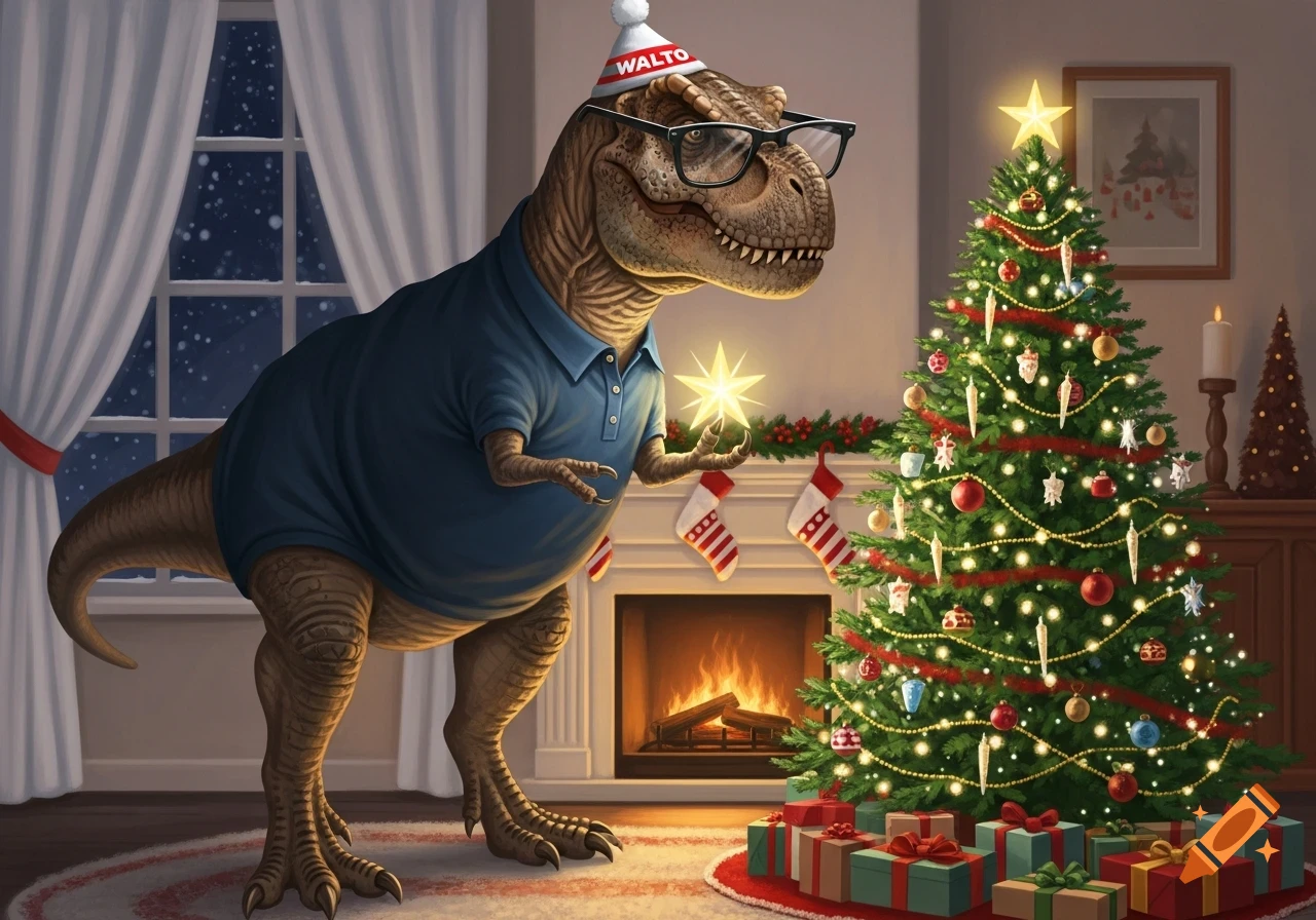 A T-Rex wearing a blue polo shirt, glasses, and a Christmas hat with "WALTO" written on it, holds a glowing star next to a decorated Christmas tree with gifts underneath.