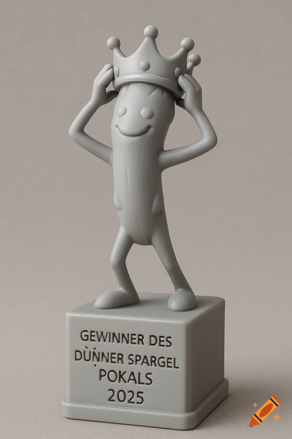 Grey 3D render of a trophy featuring a cartoon asparagus character putting on a crown, standing on a base with German text.