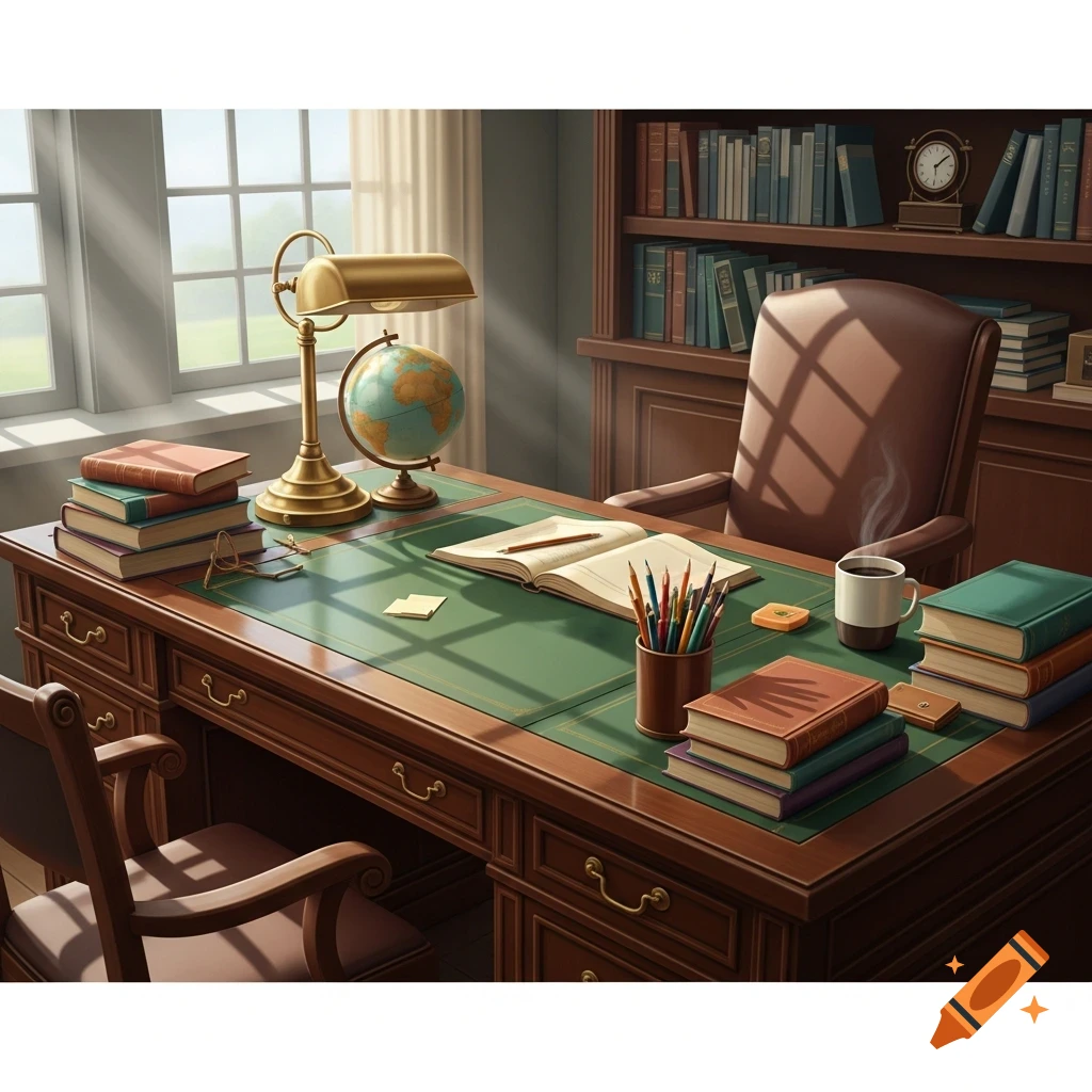 A well-lit study room features a large wooden desk with a green blotter, stacked books, a globe, a lamp, and a coffee cup.
