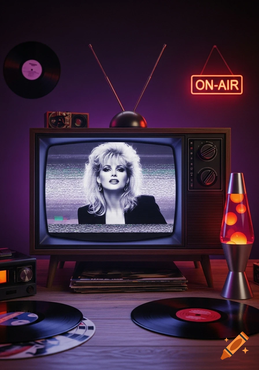 Retro TV with a woman on a static screen, flanked by vinyl records, a lava lamp, and an 'ON-AIR' neon sign in a purple-lit room.