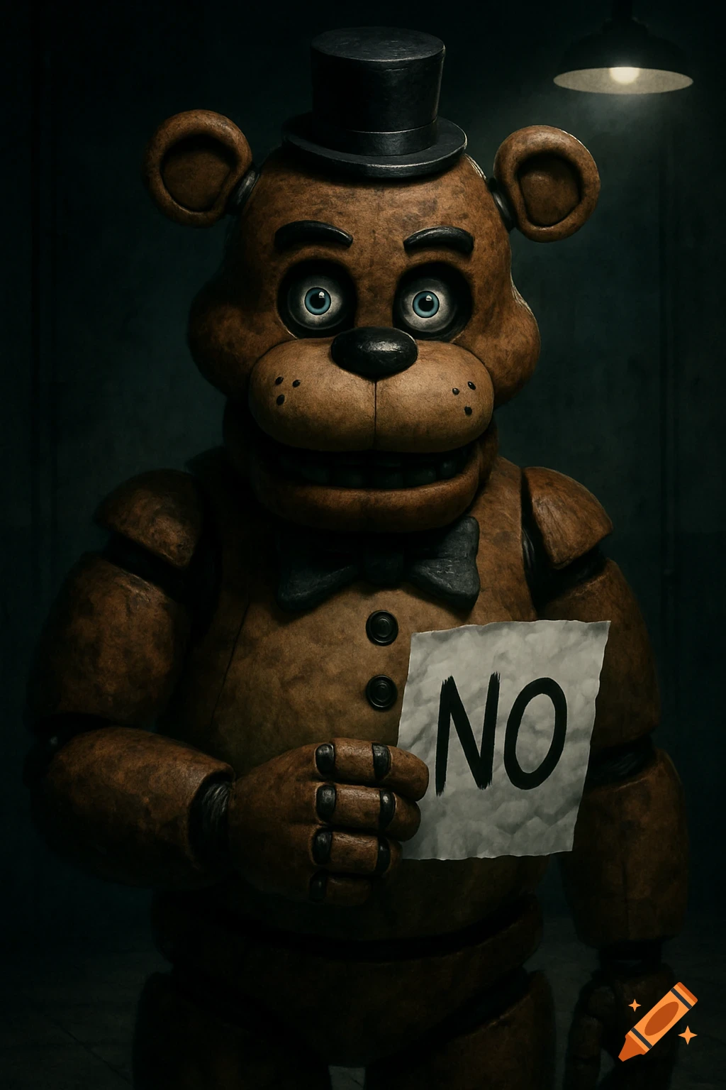 A realistic, grim Freddy Fazbear animatronic bear in a dark room holds a sign with 'NO' written on it.
