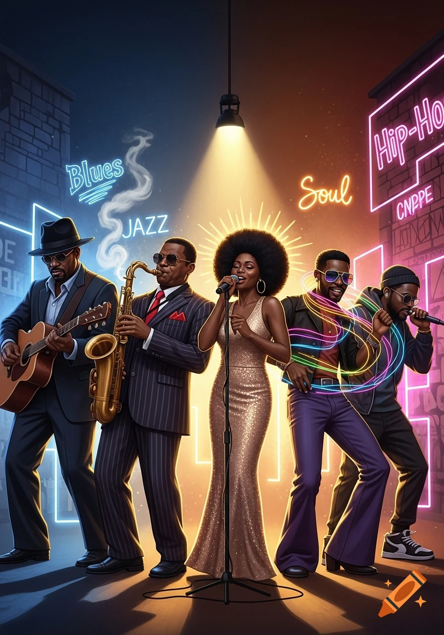 A vibrant illustration of five Black musicians performing on a city street at night, with neon signs for "Blues," "Jazz," "Soul," and "Hip-Hop."