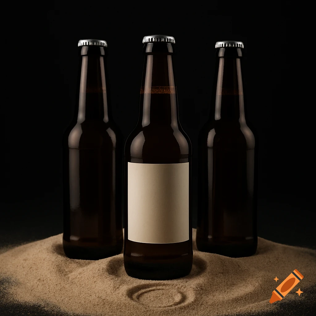 Three dark beer bottles, the middle one with a blank label, stand on beach sand with a bottle imprint in front, against a black background.