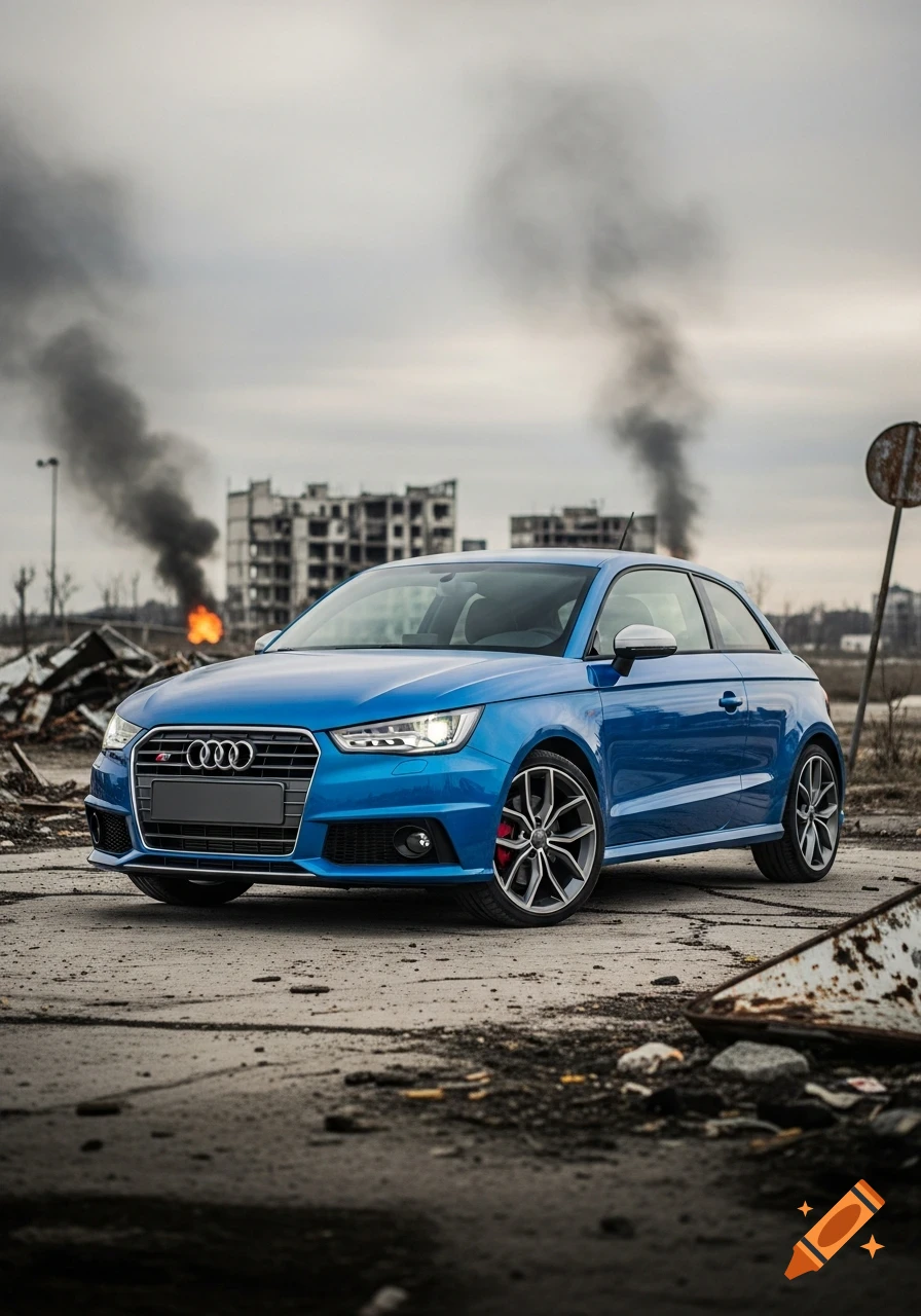 Blue Audi S1 Sportback on a broken road in a destroyed city with smoke plumes and burning debris, photorealistic.