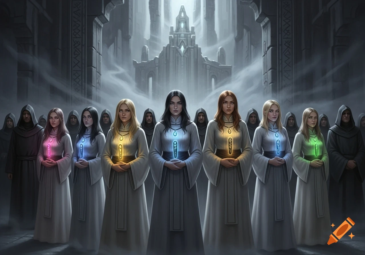 Young women in ceremonial white robes with glowing amulets stand before mystical temple ruins and hooded figures.