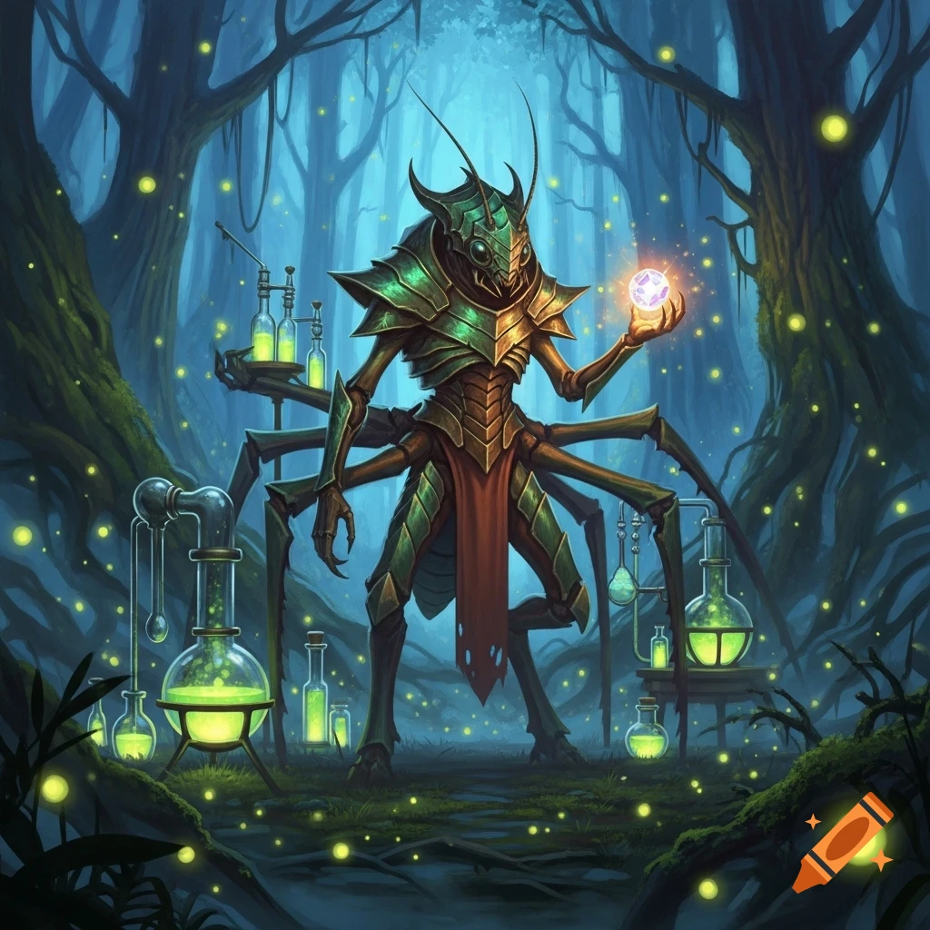 An insectoid alchemist in green armor holds a glowing orb, surrounded ...