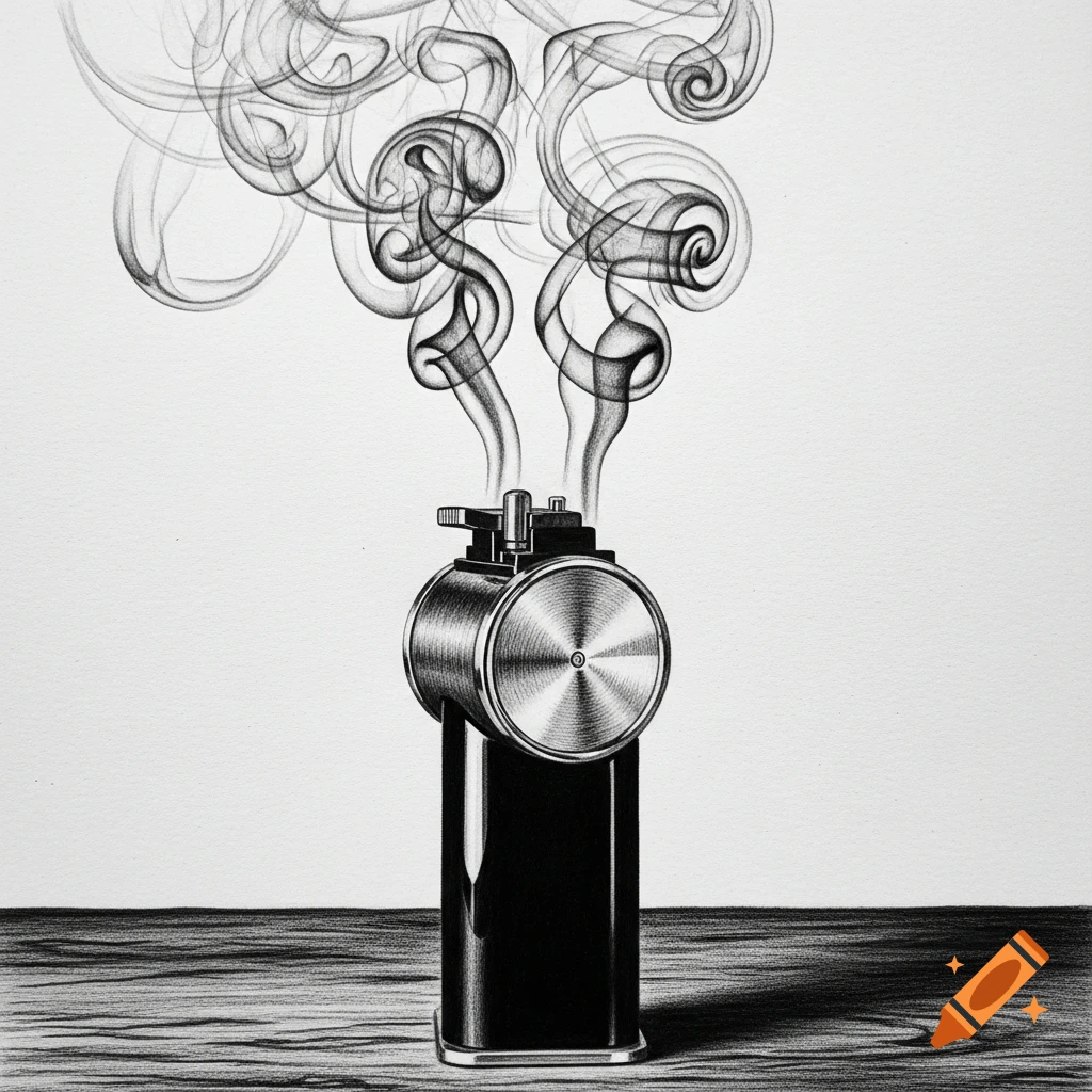 A detailed black and white drawing of a flash pan, a device with a metallic top, emitting swirling plumes of smoke against a plain background.