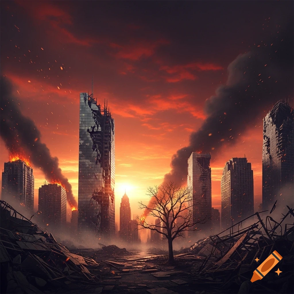 Photorealistic image of a destroyed city with burning skyscrapers, heavy smoke, and rubble under a fiery red sunset sky.