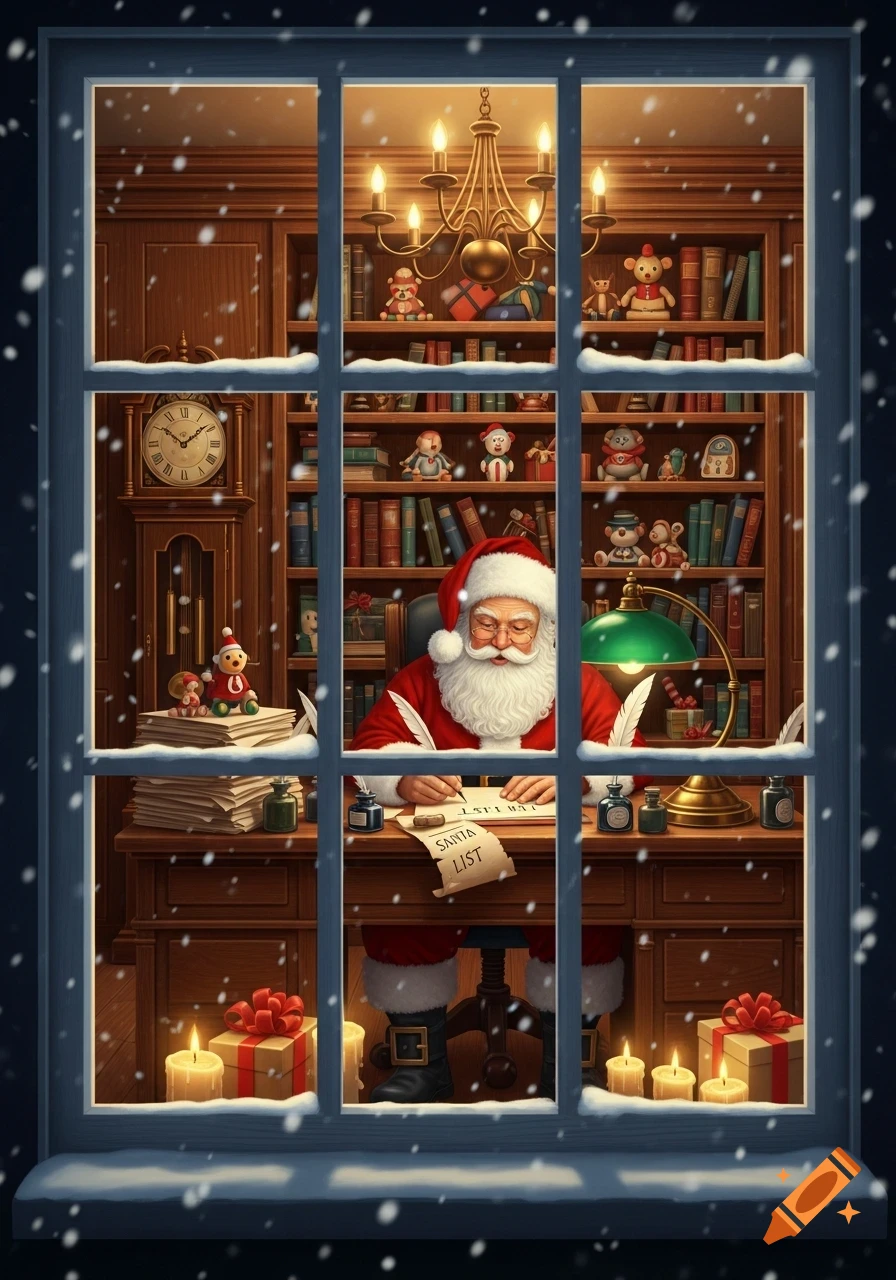 A cozy scene through a snowy window shows Santa Claus writing on a 'Santa List' scroll at his desk in a festive, book-lined office.