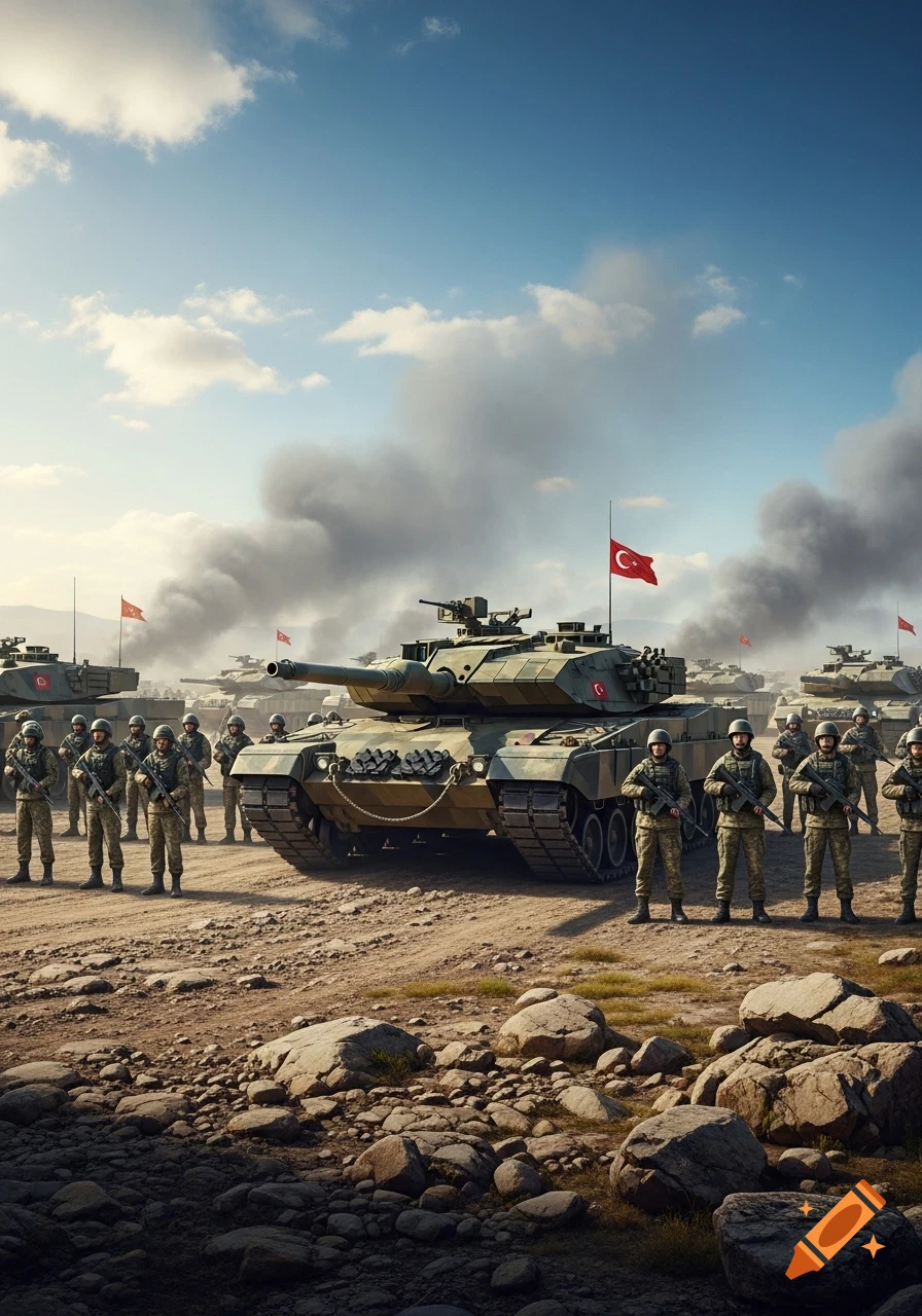 Photorealistic image of Turkish soldiers and tanks on a rocky, dusty field under a cloudy blue sky.