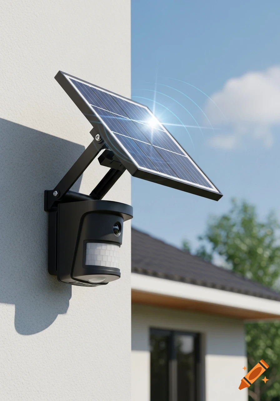 A black solar-powered motion detector with an extended solar panel mounted on a white wall, under a blue sky.
