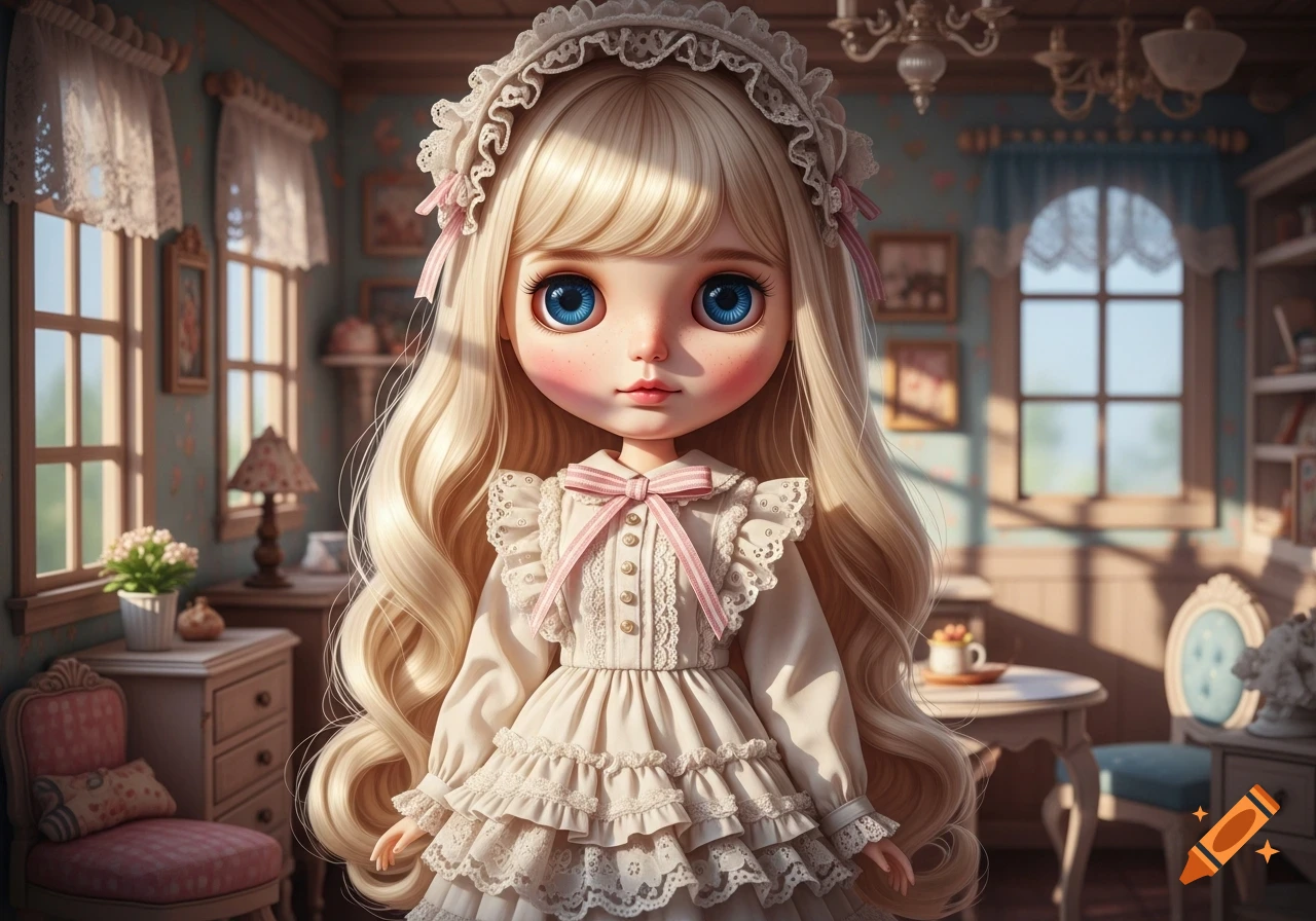 Close-up of a blonde Blythe doll with big blue eyes, wearing a white ruffled dress and bonnet, in a cozy, sunlit room.