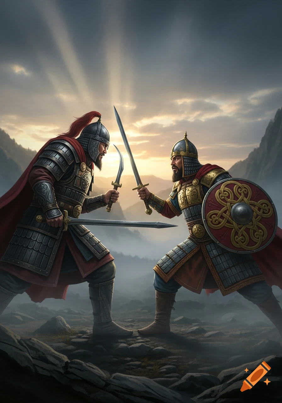 Two armored warriors with swords drawn stand ready for battle in a mountainous landscape under a dramatic sky.