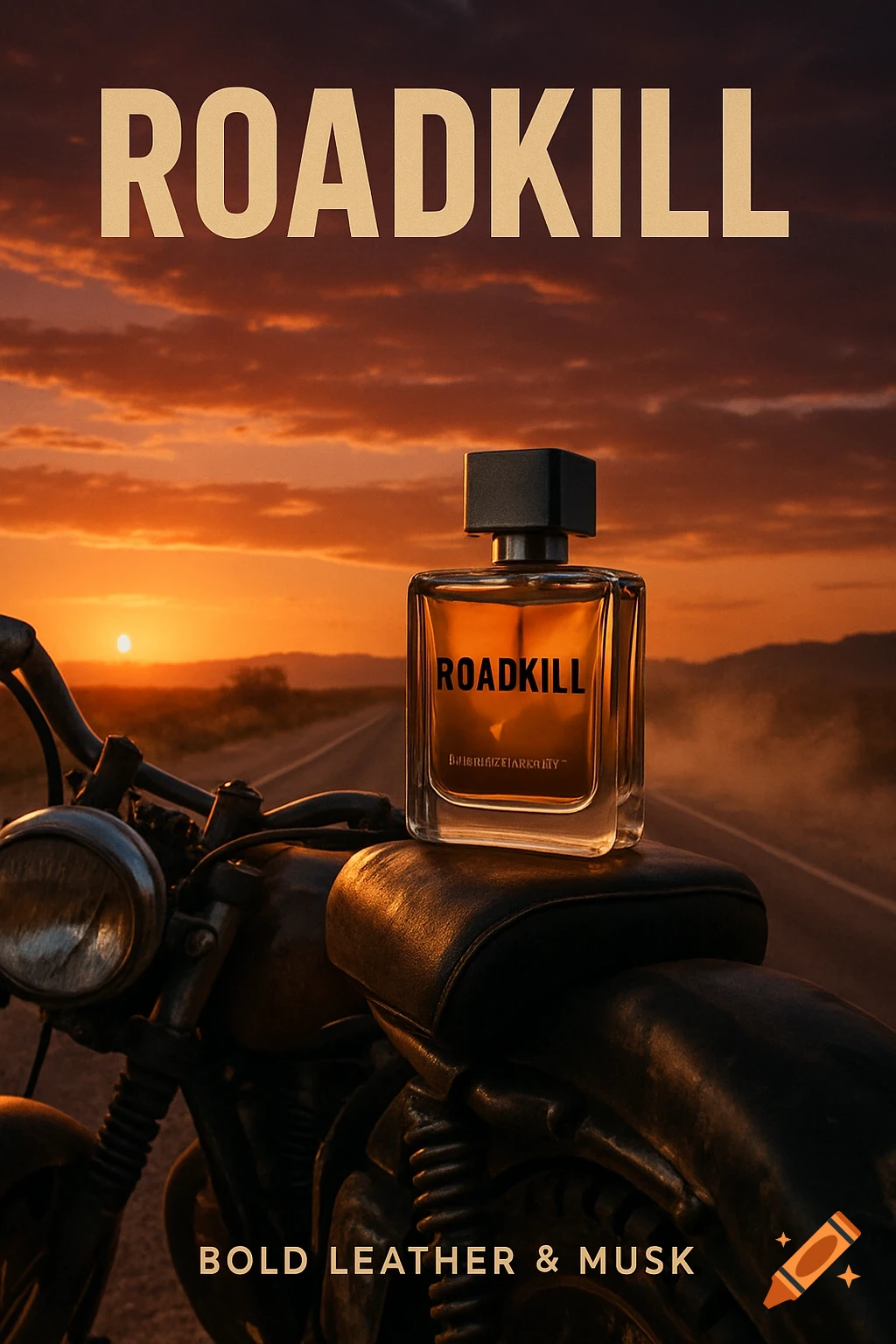 An advertisement for 'ROADKILL' cologne, featuring a bottle on a motorcycle seat against a sunset backdrop on a desert road, with text 'BOLD LEATHER & MUSK'.